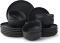 JoyJolt Mesa Stoneware Dinnerware Set 18-Piece Plates and Bowls Sets Includes Dinner Plates Salad Plates and Cereal and Soup Bowls Modern Farmhouse Matte Black Dish Set for 6