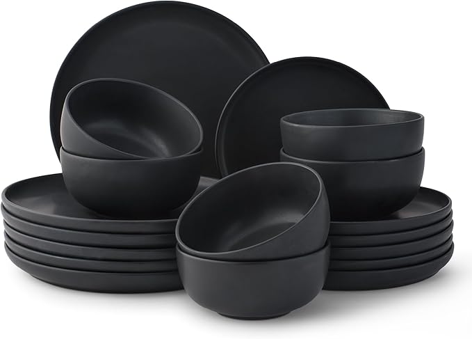 JoyJolt Mesa Stoneware Dinnerware Set 18-Piece Plates and Bowls Sets Includes Dinner Plates Salad Plates and Cereal and Soup Bowls Modern Farmhouse Matte Black Dish Set for 6