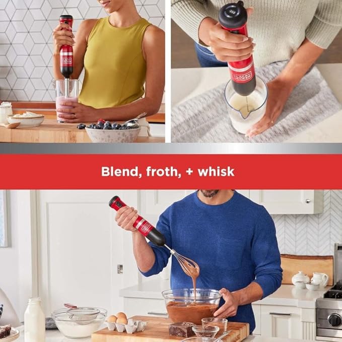 BLACK+DECKER Kitchen Wand Cordless Immersion Blender 3 in 1 Multi Tool Set Hand Blender with Charging Dock Whisk and Milk Frother Red (BCKM1013KS06)