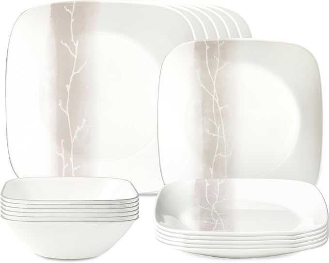 Corelle Vitrelle 18 Piece Glass Dinnerware Sets Rectangular Square Plate and Bowl Set Service for 6 Triple Layer Chip &amp Crack Resistant Glass Plate and Bowl Sets Wandering Grove