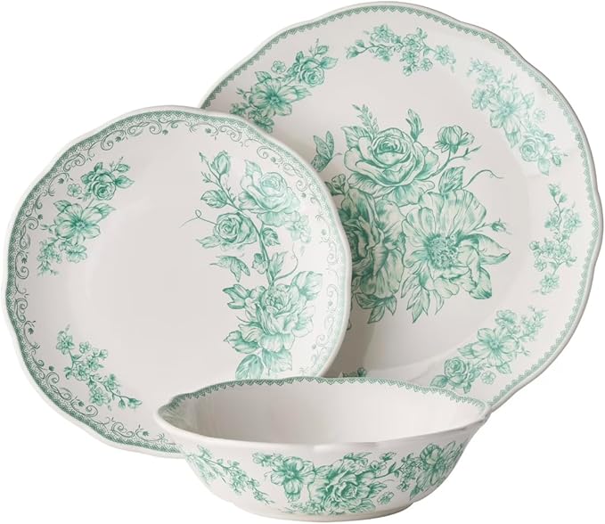 Vintage Inspired Agatha 12-Piece Stoneware Dinnerware Set Green