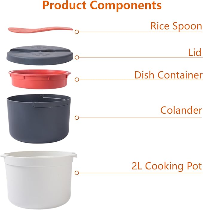 Microwave Rice Cooker Steamer Set: 2L Microwave Pasta Cooker with Rice Spoon Lid Strainer Non-stick Rice Cooker Steaming Pot for Rice Pasta Vegetables Quinoa Oatmeal Ramen (Orange 2)