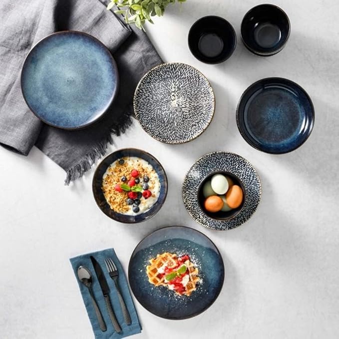 16 Piece Elegant Stoneware Dinnerware Set for 4 | Unique Style Reactive Glaze Finish With Striking Detailed Design Cobalt Blue Color Smooth Textured | Microwave &amp Dishwasher Safe Luxury Appearance