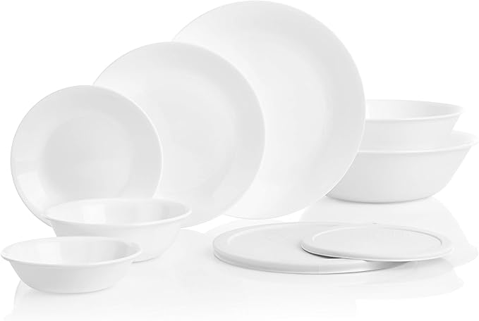 Corelle Vitrelle 78-Piece Service for 12 Dinnerware Set Triple Layer Glass and Chip Resistant Lightweight Round Plates and Bowls Set Winter Frost White