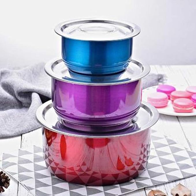 Stainless Steel Pot Cookware Sets 3pcs / Conditioning Colorful Cooking Basin Set Home Wash Kitchen Bar Supplies(D)