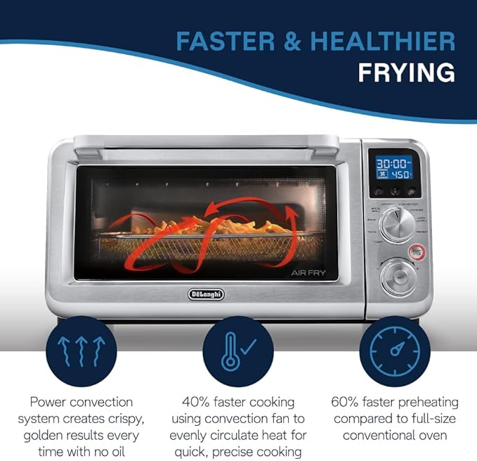 De'Longhi Digital Air Fry Convection Toaster Oven 14L Stainless Steel Air Fry Oven 9-in-1 Grills Broils Bakes Roasts Reheats Keep Warm Non-Stick Scratch-Resistant Interior 1800-Watts