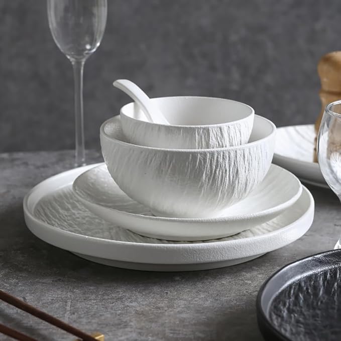 Wabi Sabi Stone Texture Ceramic Dinnerware Set 16-Piece Matte Bowl &amp Plate Set - 10” &amp 8” Plates Bowl Cups - Minimalist Stoneware for Modern Dining (Black/White) (white)