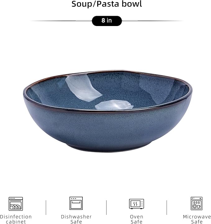 Organic Shape Highland Ceramic Soup/pasta Bowl 6pcs Reactive Glaze 8inch Bowls with Wavy Edge for Kitchen Microwave &amp Dishwasher Safe Scratch Resistant-Blue