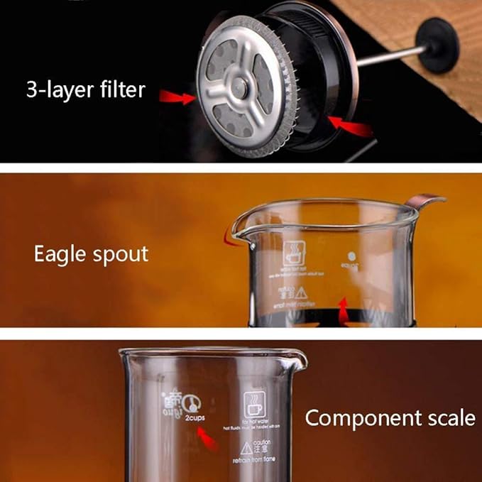 French Press Coffee Maker Stainless Steel Cafetiere Glass Jug Stainless Steel Coffee Plunger Filter Manual Coffee Maker Copper Finish Coffee Press-350ML