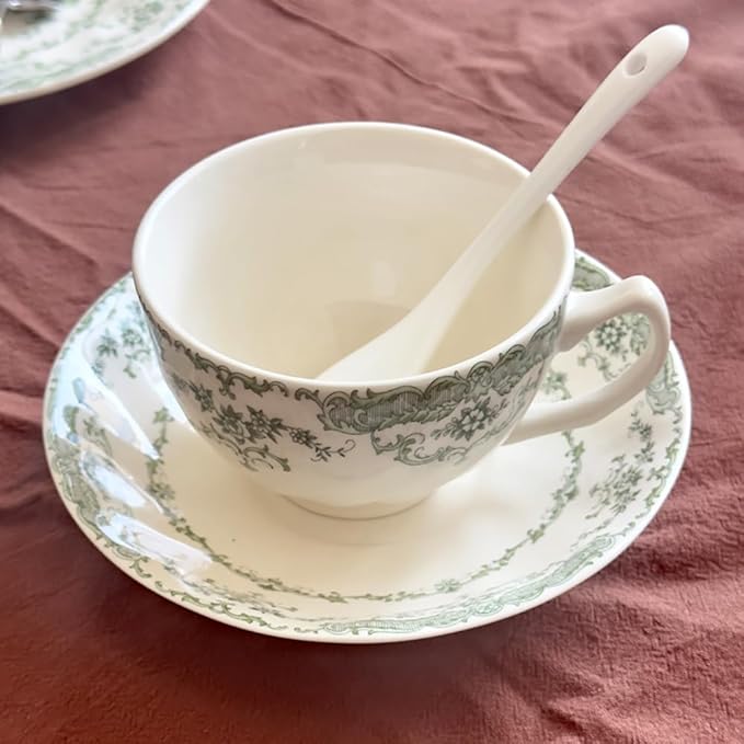 Vintage Floral Porcelain Dinnerware Set for 4 20-Piece Country Cottage Style Plates &amp Cup Saucers Set Hand-Painted Green Botanicals Wavy Edge Dishwasher Microwave Safe