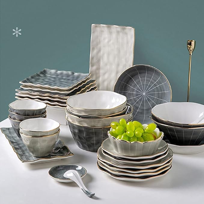 Dinnerware Sets - Luxury Gift Dishes Service Set 23-Piece Bowl and Tableware Set Ceramic Dinnerware Sets for 6 People Luxury Style Ceramic Dishware Sets Irregular Kitchen Plate Set
