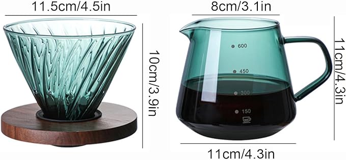 Pour Over Coffee Maker Set 600ML Glass Carafe Coffee Server with Dripper Set V60 Glass Coffee Filter with Wood Base for Home Office Gift 1-4 Cups