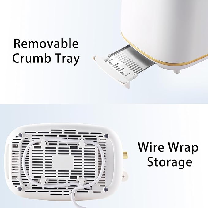 2-Slice Toaster Wide Slots 7 Bread Shade Settings Stainless Steel Bagel Cancel and Defrost Functions Removable Crumb Tray Retro Style ToasterMatte White and Gold