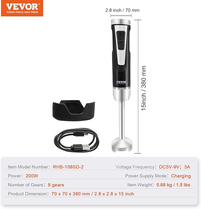 VEVOR Hand Blender 8 Variable Speeds Immersion Blender Stainless Steel Handheld Blender Powerful Motor Hand Mixer USB Charging Cable Multi-purpose Easy Control Grip Stick Mixer