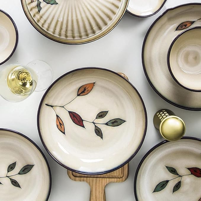 Stoneware Leaves Dinnerware Set 52 PieceCeramic Bowls and Plates SetMicrowave and Dishwasher Safe.