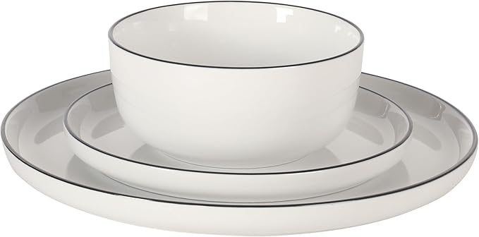 Gibson Home Oslo 12-Piece Porcelain Dinnerware Set – Dinner Plates Salad Plates &amp Bowls Classic White With Black Rim Everyday Dish Set for Home Kitchen Microwave &amp Dishwasher Safe