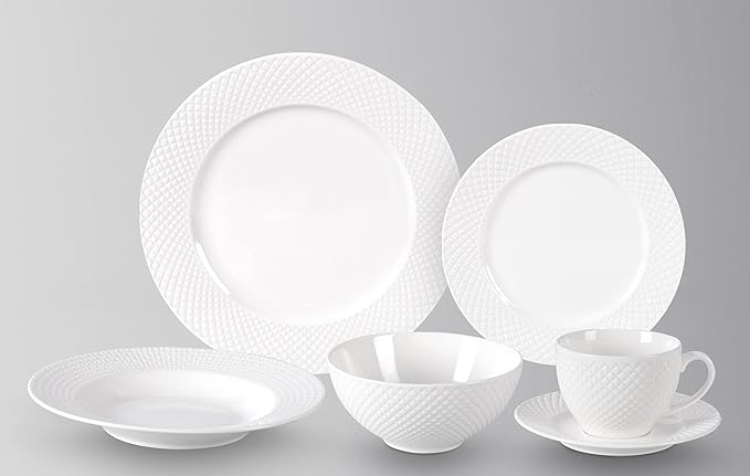 HomeVss New Bone China Dinnerware Set Embossed Diamond Design 48pc Set