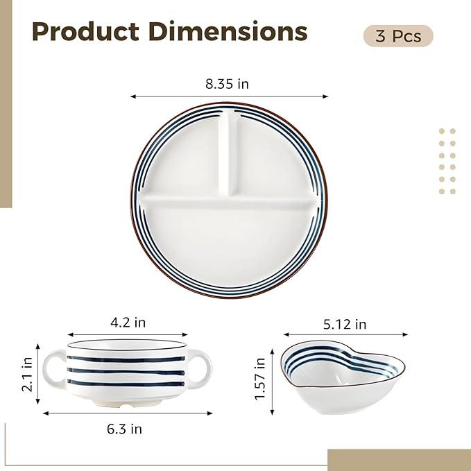 3 Pcs Japanese Style Ceramic Dinnerware Set Divided Plate Heart Bowl Handled Cup for Youngsters &amp Adults