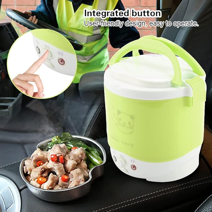 Fdit Rice Cooker 12V 100W 1L Electric Portable Multifunctional Green Food Grade PP Material for Car and Home
