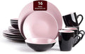 Stoneware Two-Tone Colors Life 16pc Dinner SetOutside Shiny Black + Inside Matte Glaze Rose