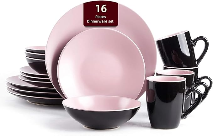 Stoneware Two-Tone Colors Life 16pc Dinner SetOutside Shiny Black + Inside Matte Glaze Rose
