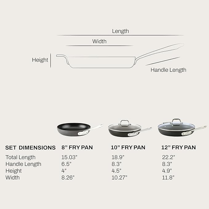 All-Clad HA1 Hard Anodized Nonstick Fry Pan Set – 5-Piece Cookware 8 10 12 Skillets with Lid Induction Compatible Oven Safe to 500°F Lid Safe to 350°F Black