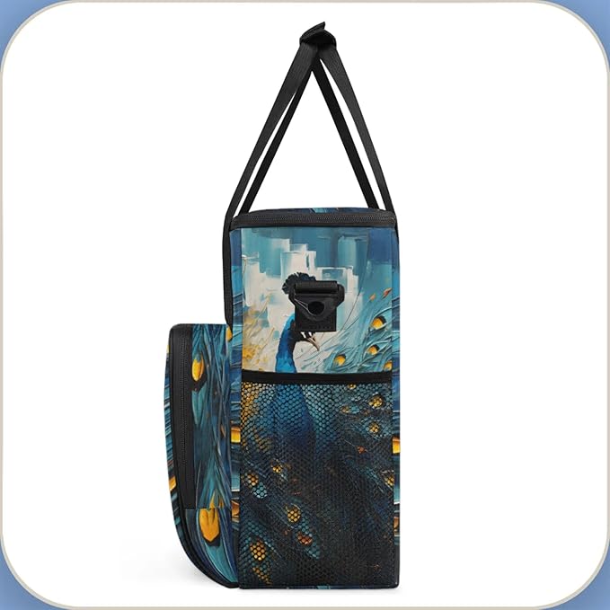 Peacock Print Coffee Maker Travel Bag for Keurig K-Mini/K-Mini Plus Insulated Waterproof Tote with Pockets for K-Cup Portable Single-Serve Brewer Case