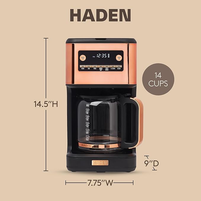 HADEN Generous Brew 14 Cup Coffee Maker with 120 Minute Keep Warm Delay Brew Adjustable Strength Programmable Clock and Anti Drip Black/Copper