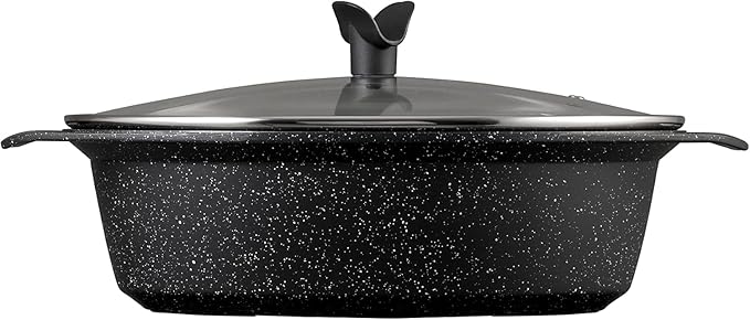Pradel Excellence - PCUI001014 - Premium Cast Aluminium Casserole Ø36cm Glass Lid - Stone-Effect Non-Stick Coating - Removable Handle - All Heat Source Black and White