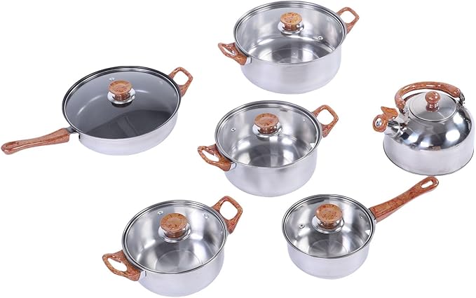 GLOGLOW Stainless Steel Cookware Set Large Capacity Induction Pots and Pans Includes Kettle Frying Pan for Cooking