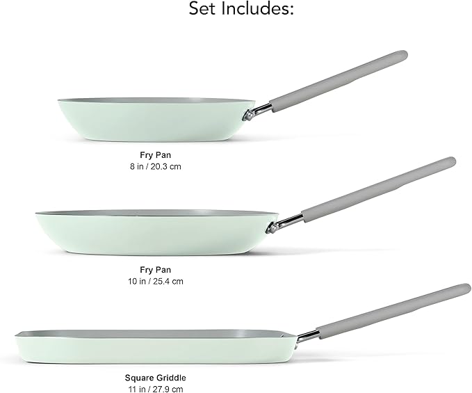 3-Piece Green Ceramic Cookware Set Non-Stick Ceramic Cookware Set with Frying Pans Healthy &amp Safe Green Pans Non-Stick Cookware