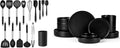 Onader 16 Piece Dinnerware Sets with Serving Bowls for 4 Kitchen Cooking Utensils Set with Holder 15 Pcs Silicone Spatula Set- Black