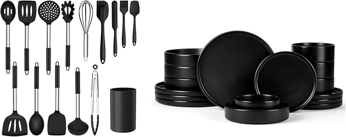 Onader 16 Piece Dinnerware Sets with Serving Bowls for 4 Kitchen Cooking Utensils Set with Holder 15 Pcs Silicone Spatula Set- Black