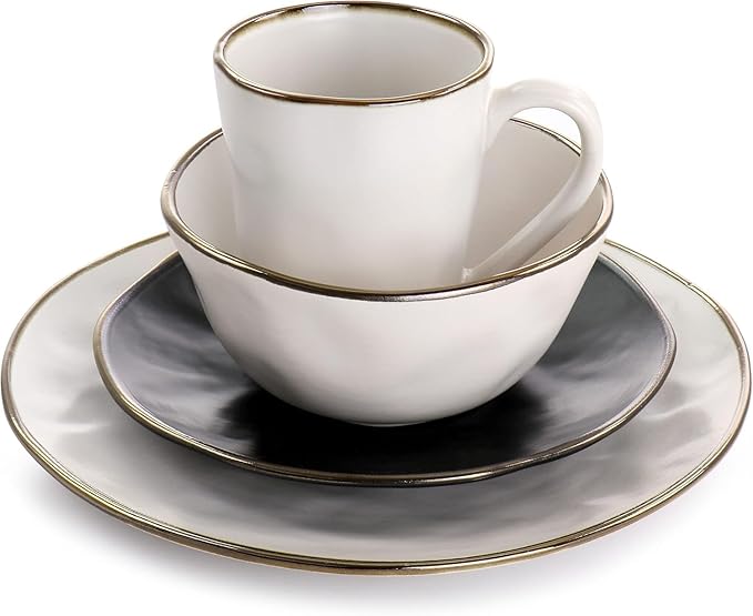 Modern 16 Piece Stoneware Dinnerware Set with Gold Rim – Textured Matte White Black &amp Assorted Colors – Microwave &amp Dishwasher Safe Plates Bowls Mugs for 4 (Matte Assorted)