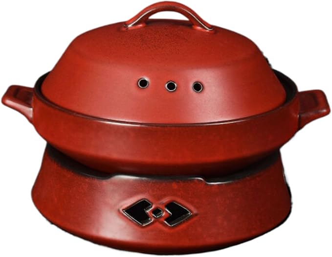 Thcbme 酒店陶瓷保温带双耳明炉碗加深大号 Ceramic Dish Set 加热圆汤锅创意明档碗/Handpainted Plates and Bowls Set Ceramic Dinnerware Sets/14英寸梯形双耳煲（红黑）