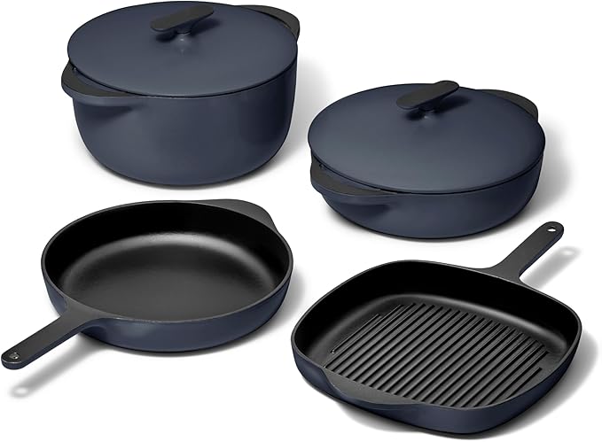 Caraway 8-Piece Enameled Cast Iron Set - 10.5” Skillet Grill Pan 3.5 qt Braiser Pan 6.5 qt Dutch Oven with Lid and Organizers - Non-Toxic 3-Layer Enamel Coating - No Seasoning Required - Dark Navy