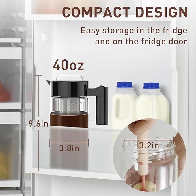 Cold Brew Coffee Maker 40 Oz Iced Coffee Pitcher with Mesh Filter Glass Ice Coffee Making Jug for Fridge Black Easy to Use 1300ML 24.5 X 10cm