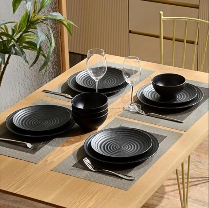 Melamine Dinnerware Sets for 4 12Pcs Plates and Bowls Sets with Modern style Lightweight and Unbreakable Dish Set for Camping RV and BBQ Dishwasher Safe BPA free(Black)