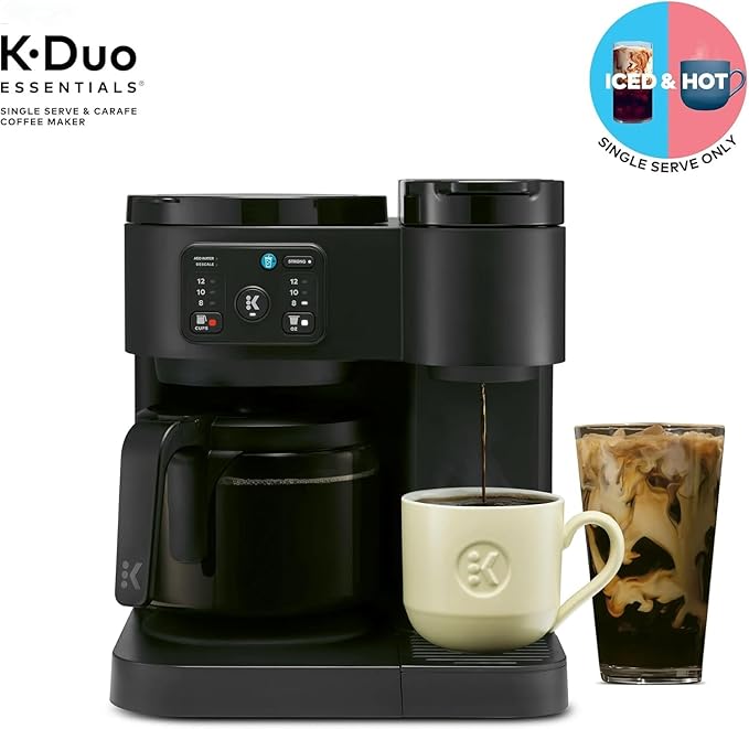 K-Duo Essentials Hot &amp Iced Single-Serve Coffee Maker with 12-Cup Glass Carafe Brews KCup Pods &amp Coffee Grounds Multiple Brew Sizes 72 oz Reservoir Pause &amp Pour Feature (Blacks)