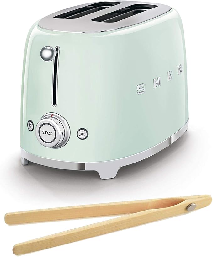 Smeg TSF01PGUS 50's Retro Style Toaster Bundle with Bamboo Tongs - (Pastel Green) 2 Slice