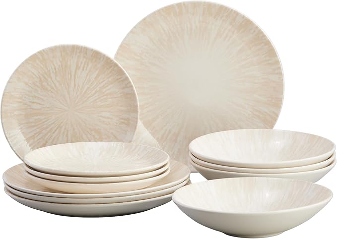 Corona 12-Piece Light Sandy Beige Ceramic Dinnerware Sets Plates and Bowls Service For 4 Nyssa