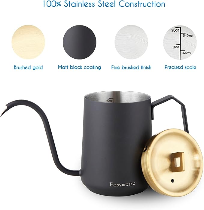 Easyworkz Gooseneck Pour Over Coffee Kettle 20 oz Stainless Steel Hand Drip Coffee Pot With Long Narrow Spout Brass Gold Black