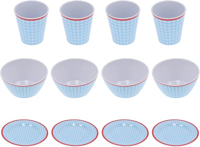 Blue Grid Dinnerware Set 12Pcs Household Tableware Melamine Cup Bowl Plate for Home Restaurant and Imitation Porcelain with Fall Scald