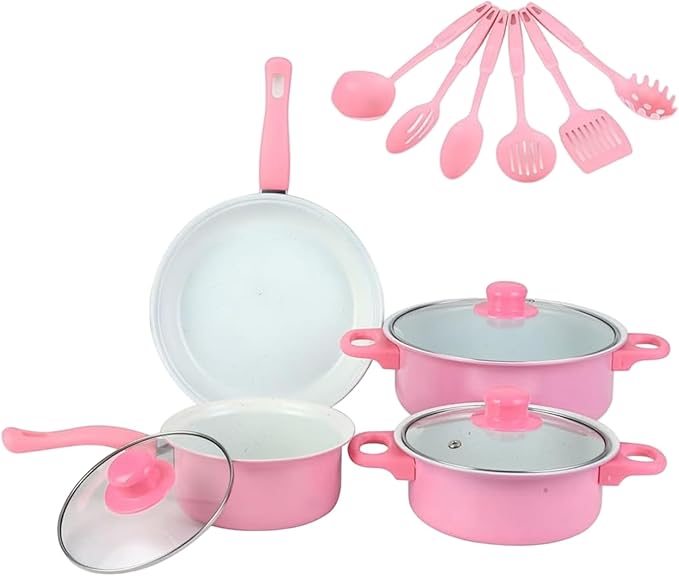 Cast Iron Pots and Pans Set 13Pcs Non Stick Cute Cookware Set Includes Lids Induction Cookware with Comfort Handle PFOA Free