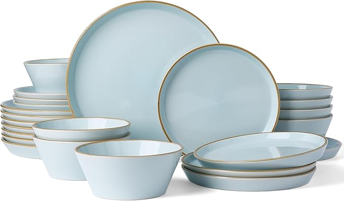 Famiware Saturn Stoneware Dinnerware Sets for 8 (24 Pieces) Ceramic Plates and Bowls Dish Sets with Hand-Painted Trim - Chip &amp Scratch Resistant Microwave &amp Dishwasher Safe Tableware Light