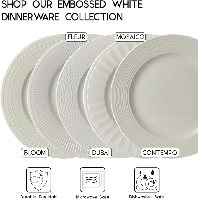 Tabletops Gallery Embossed Bone White Porcelain Round Dinnerware Collection- Chip Resistant Scratch Resistant Fleur 16 Piece Dinnerware Set (Dinner Plate Salad Plate Cereal Bowl Mug)