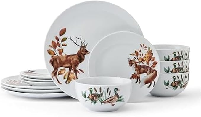 Studio Nova Woodland Wonders Lodge 12 Piece Dinnerware Plate Bowl Set Service for 4