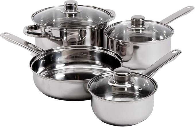 7-Piece Stainless Steel Cookware Set – Mirror Polished Pots and Pans with Dutch Oven Saucepans Frying Pan &amp Vented Glass Lids Heat Resistant Handles Aluminum Base for Even Heating