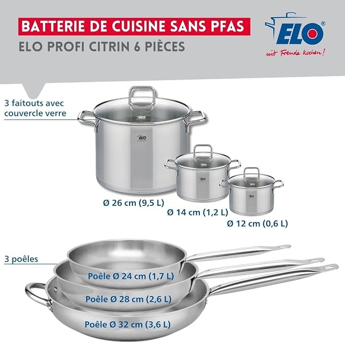 ELO 9512550 Cookware Set 6-Piece 3-Piece Cookware Set 24 28 32 cm and 3 Saucepans 12 14 and 26 cm Elo Profi Citrine Stainless Steel Induction