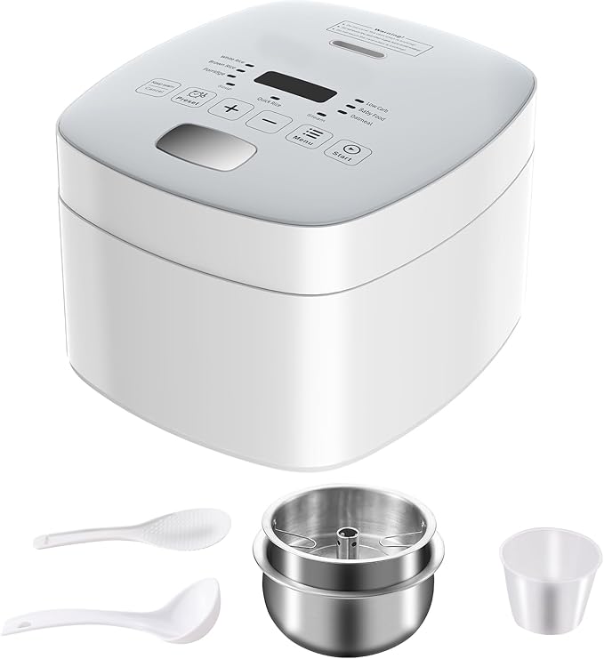 Novaspark Low Carb Rice Cooker Stainless Steel Inner Pot Mini Stainless Steel Rice Cooker Small 5 Cup LED Display Low Sugar Rice Maker 24H Timer and Auto Keep Warm White Rice/Porridge/Oatmeal Whi